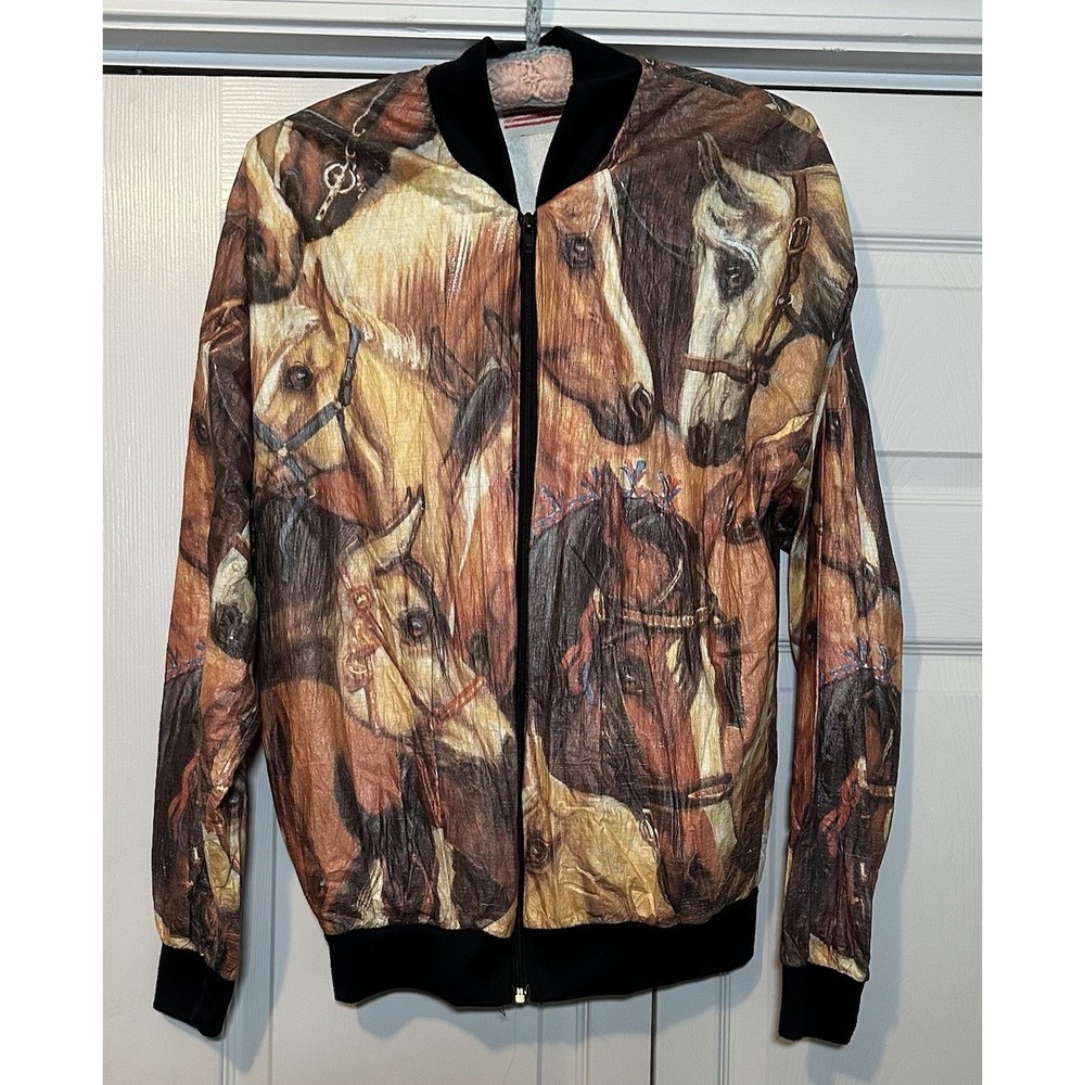 Vintage Bomber Windbreaker Tyvex by Dupont All Over Print Horses Horse Western L